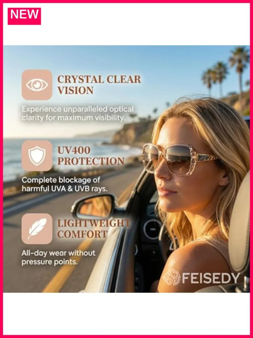 FEISEDY Square Sunglasses Polarized UV400 Oversized Sparkling Composite Frame